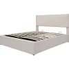 Lit rembourré lit coffre 140x200 cm lit de rangement lit tête de lit à fonction de charge usb type c lit double coton lin beige