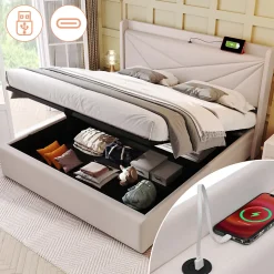 Lit rembourré lit coffre 140x200 cm lit de rangement lit tête de lit à fonction de charge usb type c lit double coton lin beige