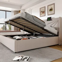 Lit rembourré lit coffre 140x200 cm lit de rangement lit tête de lit à fonction de charge usb type c lit double coton lin beige