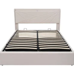 Lit rembourré lit coffre 140x200 cm lit de rangement lit tête de lit à fonction de charge usb type c lit double coton lin beige