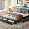 Lit Rembourré lit double 160x200cm avec 4 tiroirs et LED, USB, cadre de lit, lin gris