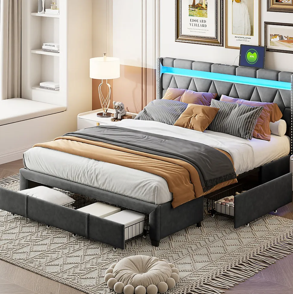Lit Rembourré lit double 160x200cm avec 4 tiroirs et LED, USB, cadre de lit, lin gris