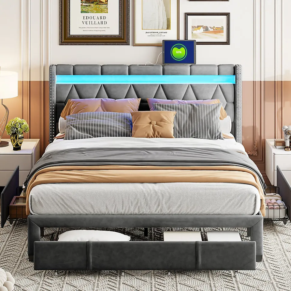 Lit Rembourré lit double 160x200cm avec 4 tiroirs et LED, USB, cadre de lit, lin gris