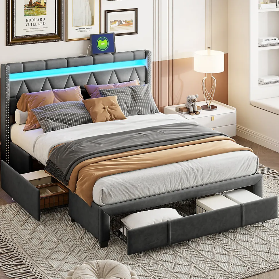 Lit Rembourré lit double 160x200cm avec 4 tiroirs et LED, USB, cadre de lit, lin gris