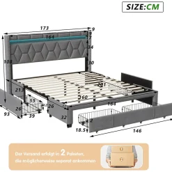 Lit Rembourré lit double 160x200cm avec 4 tiroirs et LED, USB, cadre de lit, lin gris