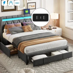 Lit Rembourré lit double 160x200cm avec 4 tiroirs et LED, USB, cadre de lit, lin gris