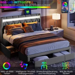 Lit Rembourré lit double 160x200cm avec 4 tiroirs et LED, USB, cadre de lit, lin gris