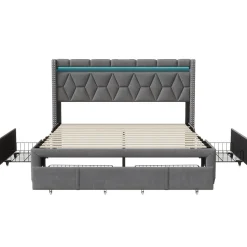 Lit Rembourré lit double 160x200cm avec 4 tiroirs et LED, USB, cadre de lit, lin gris