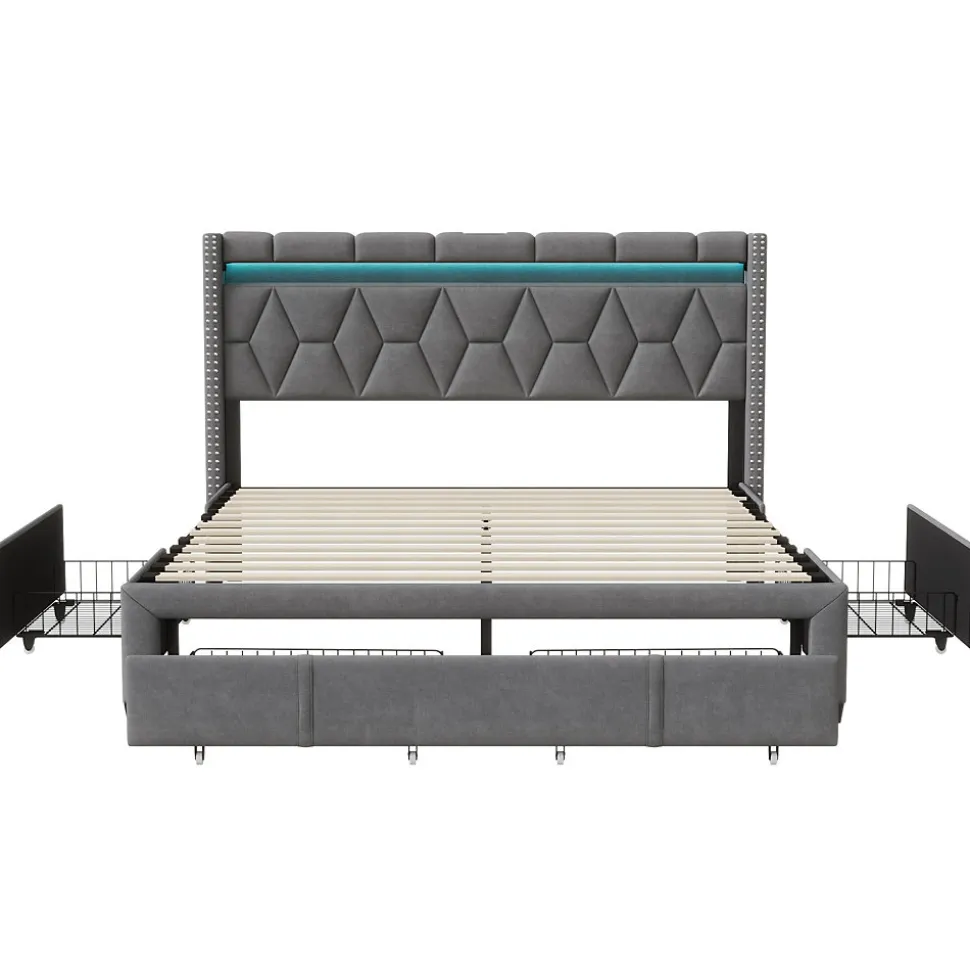 Lit Rembourré lit double 160x200cm avec 4 tiroirs et LED, USB, cadre de lit, lin gris