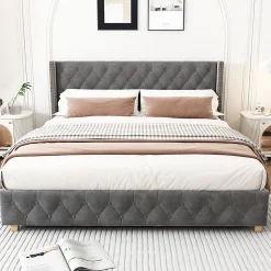 Lit rembourré lit 160x200cm lit rembourrage à rivets lit pieds en bois velours gris