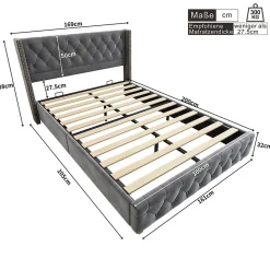 Lit rembourré lit 160x200cm lit rembourrage à rivets lit pieds en bois velours gris