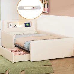 Lit rembourré pour enfant 90 x 200 cm, veilleuse USB, compartiments de rangement, beige, Blackcolors