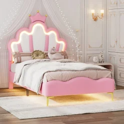 Lit Rembourré Pour Enfant 90 X 200 Cm Avec LED, Lit De Princesse Couronne, En Polyuréthane, Rose