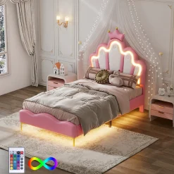 Lit Rembourré Pour Enfant 90 X 200 Cm Avec LED, Lit De Princesse Couronne, En Polyuréthane, Rose