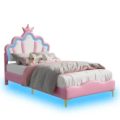 Lit Rembourré Pour Enfant 90 X 200 Cm Avec LED, Lit De Princesse Couronne, En Polyuréthane, Rose