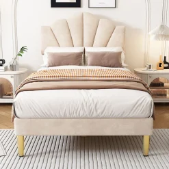 Lit rembourré Single 90x200 cm avec sommier à lattes - tête de lit réglable - tissu en velours - beige