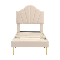 Lit rembourré Single 90x200 cm avec sommier à lattes - tête de lit réglable - tissu en velours - beige