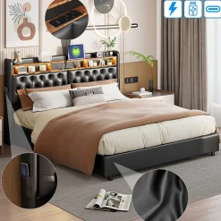 Lit Rembourré 180x200 avec USB et prises, LED,lit à coffre hydraulique lit double, simili cuir, noir