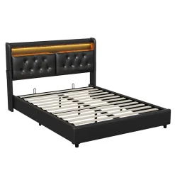 Lit Rembourré 180x200 avec USB et prises, LED,lit à coffre hydraulique lit double, simili cuir, noir