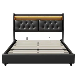 Lit Rembourré 180x200 avec USB et prises, LED,lit à coffre hydraulique lit double, simili cuir, noir