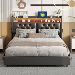 Lit Rembourré 180x200 avec USB et prises, LED,lit à coffre hydraulique lit double, simili cuir, noir