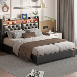 Lit Rembourré 180x200 avec USB et prises, LED,lit à coffre hydraulique lit double, simili cuir, noir