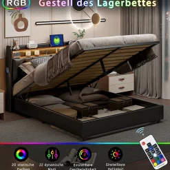 Lit Rembourré 180x200 avec USB et prises, LED,lit à coffre hydraulique lit double, simili cuir, noir