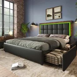 Lit rembourré 160x200 cm avec LED et 4 tiroirs - tête de lit réglable en hauteur - en similicuir noir