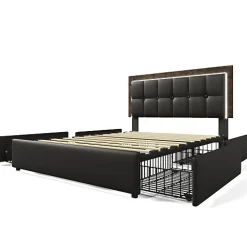 Lit rembourré 160x200 cm avec LED et 4 tiroirs - tête de lit réglable en hauteur - en similicuir noir