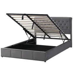 Lit rembourré 140x190 cm, avec levier hydraulique, lit fonctionnel de rangement, ornementation de rivets, velours, gris
