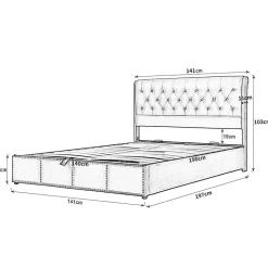 Lit rembourré 140x190 cm, avec levier hydraulique, lit fonctionnel de rangement, ornementation de rivets, velours, gris