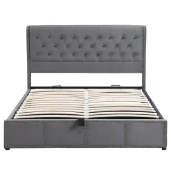 Lit rembourré 140x190 cm, avec levier hydraulique, lit fonctionnel de rangement, ornementation de rivets, velours, gris