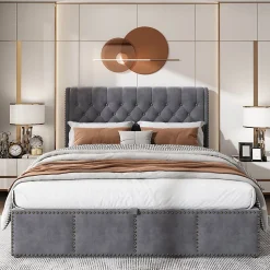 Lit rembourré 140x190 cm, avec levier hydraulique, lit fonctionnel de rangement, ornementation de rivets, velours, gris