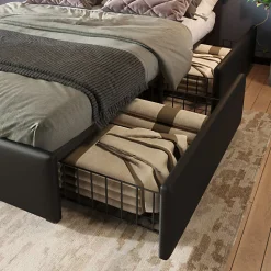 Lit rembourré 90x200 cm avec LED et 4 tiroirs - tête de lit réglable en hauteur - en similicuir noir