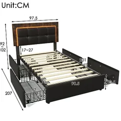 Lit rembourré 90x200 cm avec LED et 4 tiroirs - tête de lit réglable en hauteur - en similicuir noir