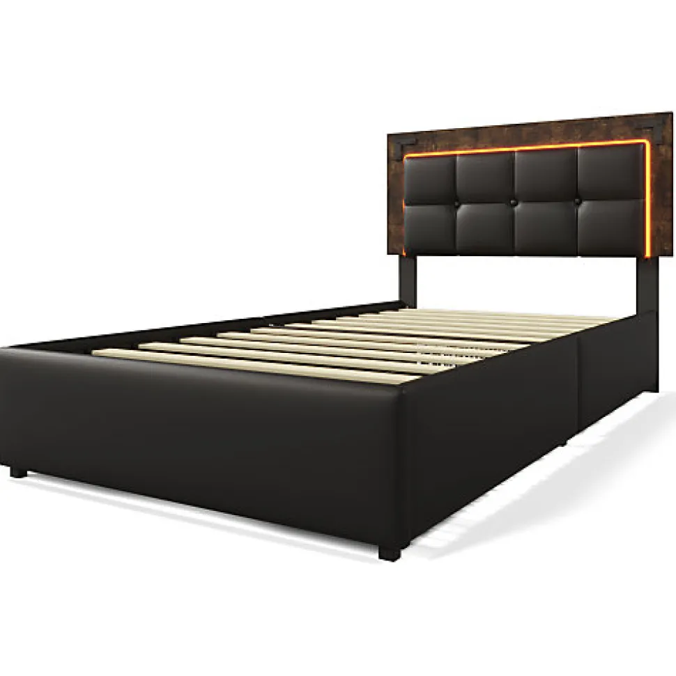 Lit rembourré 90x200 cm avec LED et 4 tiroirs - tête de lit réglable en hauteur - en similicuir noir