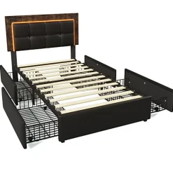 Lit rembourré 90x200 cm avec LED et 4 tiroirs - tête de lit réglable en hauteur - en similicuir noir