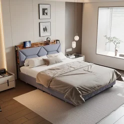 Lit Rembourré 160x200 Cm Avec Ports USB, Étagères Ouvertes Et Tiroirs Dans La Tête De Lit, Gris