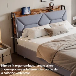 Lit Rembourré 160x200 Cm Avec Ports USB, Étagères Ouvertes Et Tiroirs Dans La Tête De Lit, Gris