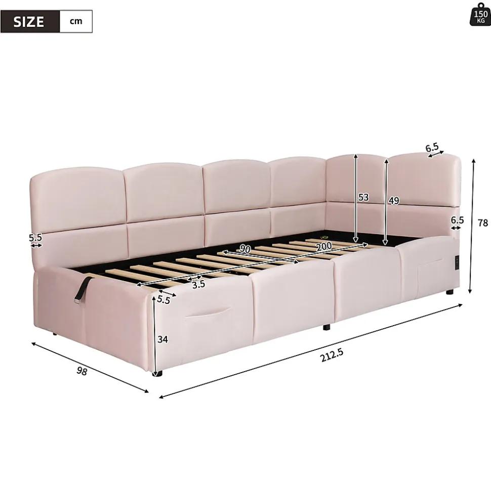 Lit rembourré 90x200 cm avec sommier en velours rose port USB poche de rangement sans matelas
