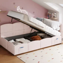 Lit rembourré 90x200 cm avec sommier en velours rose port USB poche de rangement sans matelas