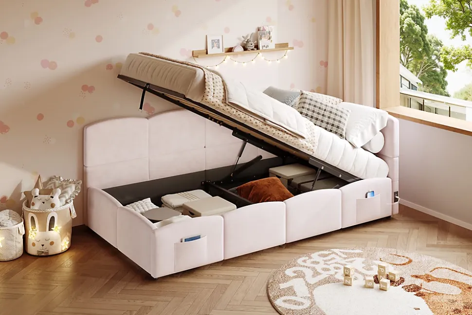 Lit rembourré 90x200 cm avec sommier en velours rose port USB poche de rangement sans matelas