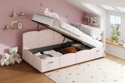 Lit rembourré 90x200 cm avec sommier en velours rose port USB poche de rangement sans matelas