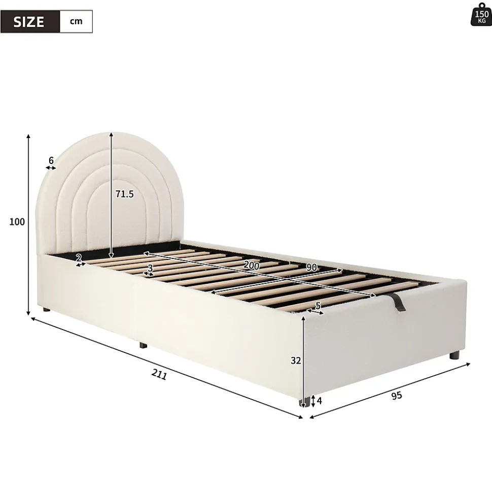 Lit rembourré 90x200 cm avec sommier tissu bouclette beige lattes en bois montage facile pour jeunes et adultes