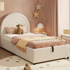 Lit rembourré 90x200 cm avec sommier tissu bouclette beige lattes en bois montage facile pour jeunes et adultes