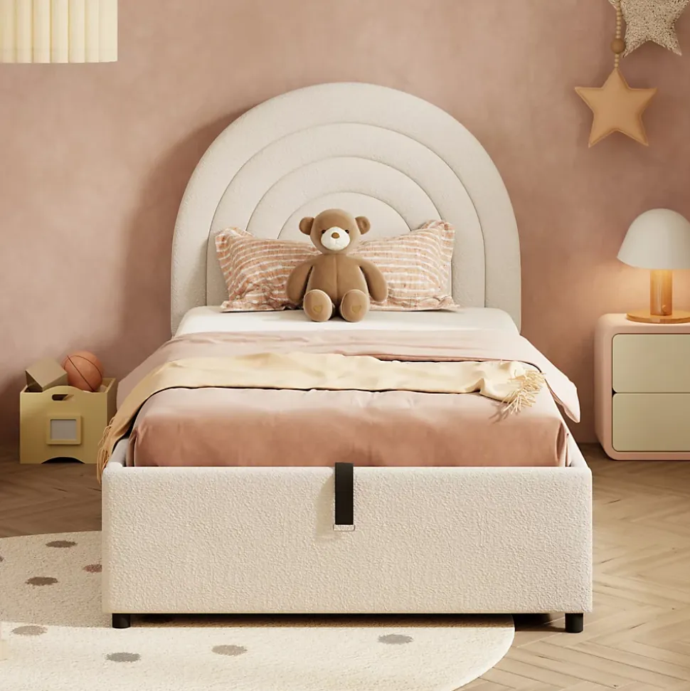 Lit rembourré 90x200 cm avec sommier tissu bouclette beige lattes en bois montage facile pour jeunes et adultes