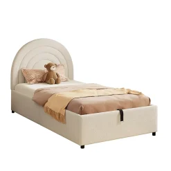 Lit rembourré 90x200 cm avec sommier tissu bouclette beige lattes en bois montage facile pour jeunes et adultes