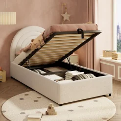 Lit rembourré 90x200 cm avec sommier tissu bouclette beige lattes en bois montage facile pour jeunes et adultes