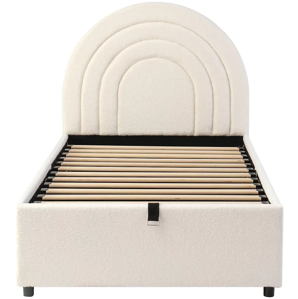 Lit rembourré 90x200 cm avec sommier tissu bouclette beige lattes en bois montage facile pour jeunes et adultes