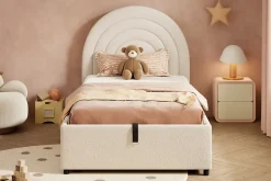 Lit rembourré 90x200 cm avec sommier tissu bouclette beige lattes en bois montage facile pour jeunes et adultes